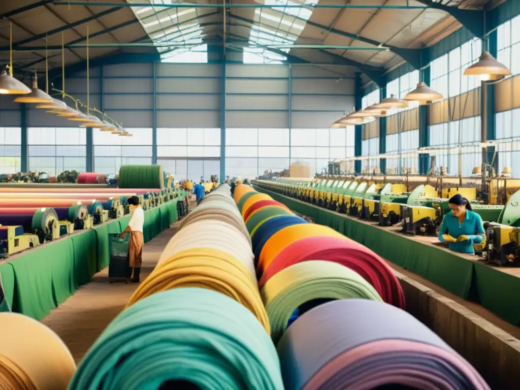 Reciclaje textil: Evolución sostenible en alta resolución Trabajadores clasifican telas recicladas en una fábrica con maquinaria industrial