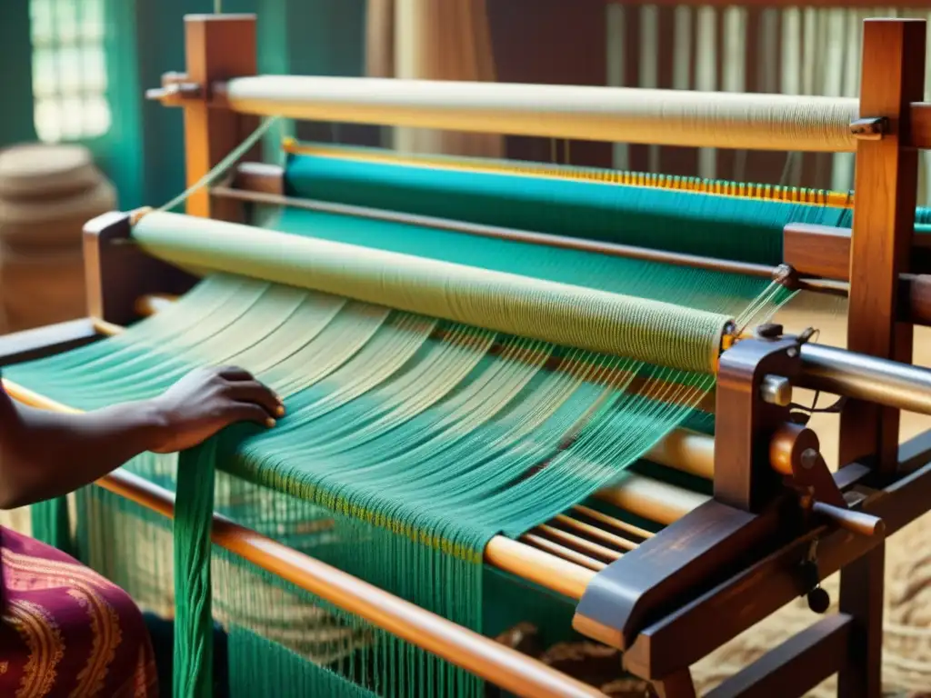 Telar tradicional con patrones detallados tejidos a mano, evocando nostalgia y artesanía