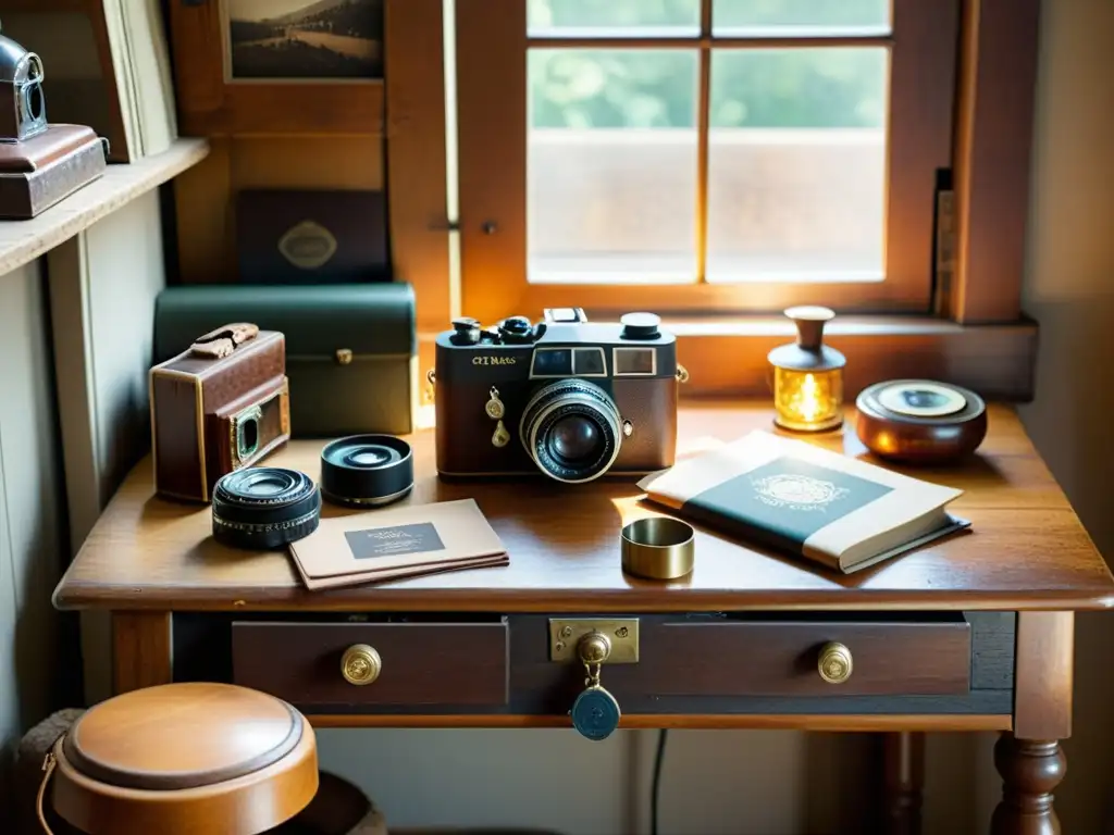 Un rincón de artesanía tradicional para planificación de sesiones fotográficas, con objetos vintage y cálida luz natural