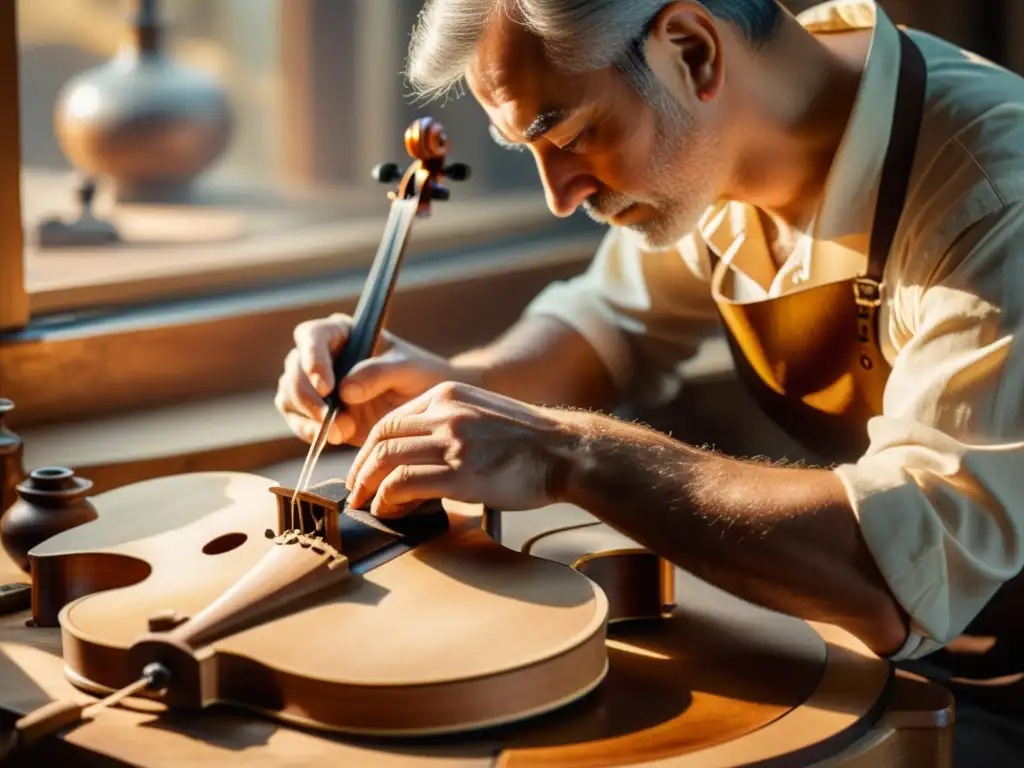 Un luthier tradicional crea un violín detallado, rodeado de herramientas vintage, iluminado por cálida luz dorada