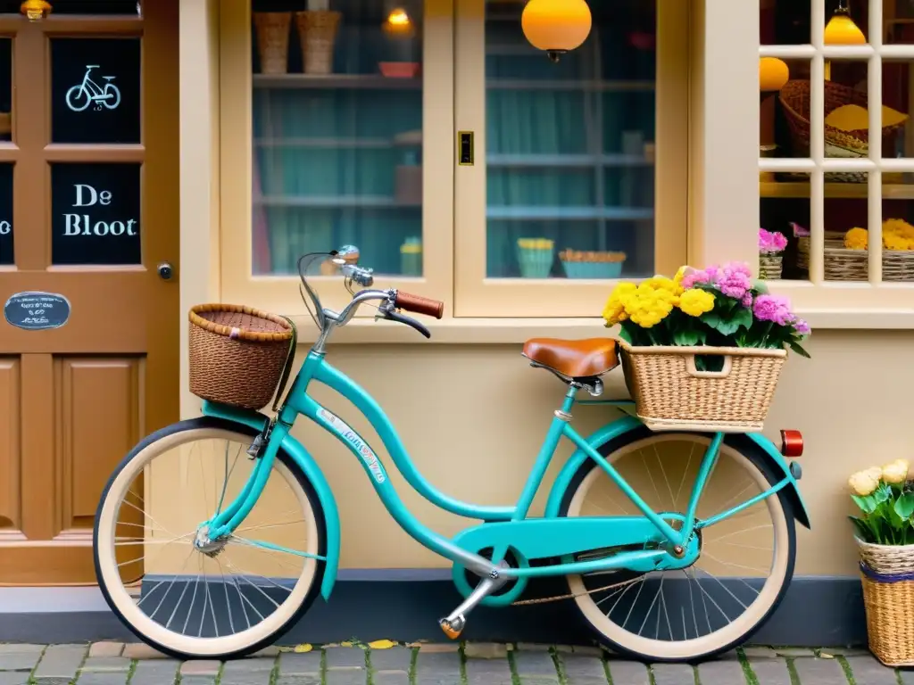 Transporte sostenible en artesanía digital: bicicleta con cesta llena de productos artesanales, luz dorada en calle empedrada y tienda vintage