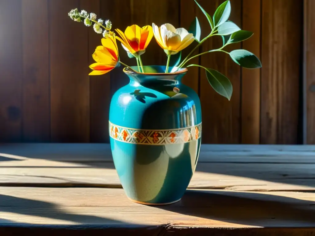 Una vase de cerámica vintage con patrón floral, envejecido en una mesa de madera