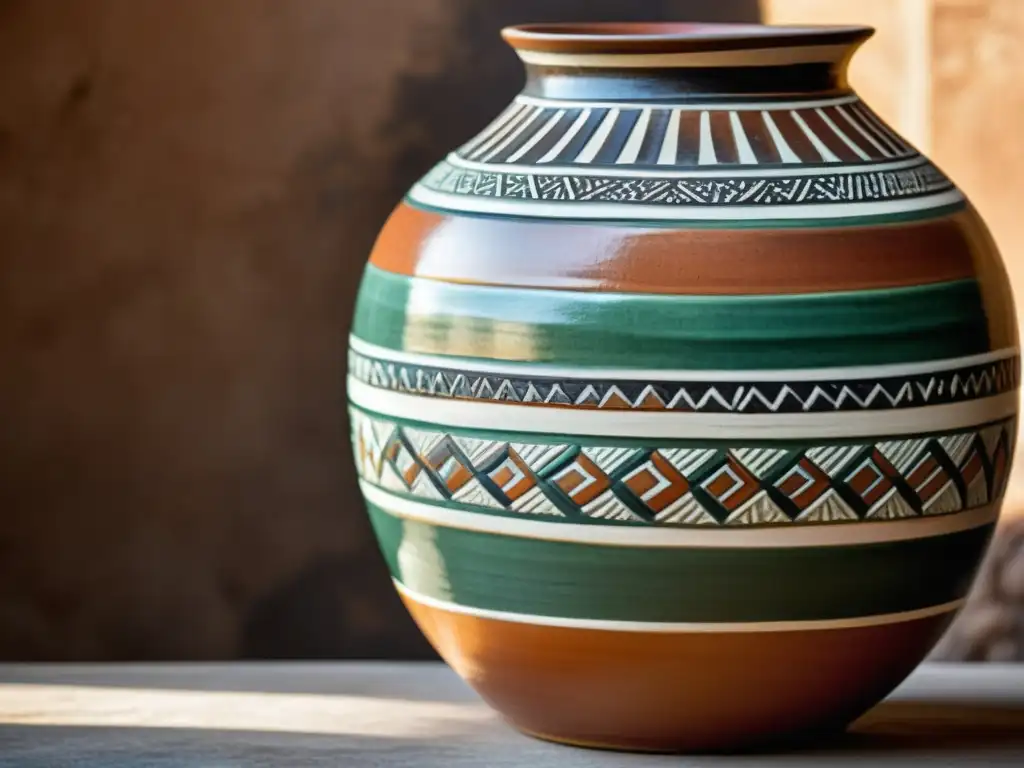 Vaso cerámico africano pintado a mano Una vasija de cerámica africana detalladamente decorada con patrones geométricos en tonos terrosos, evocando historia y tradición