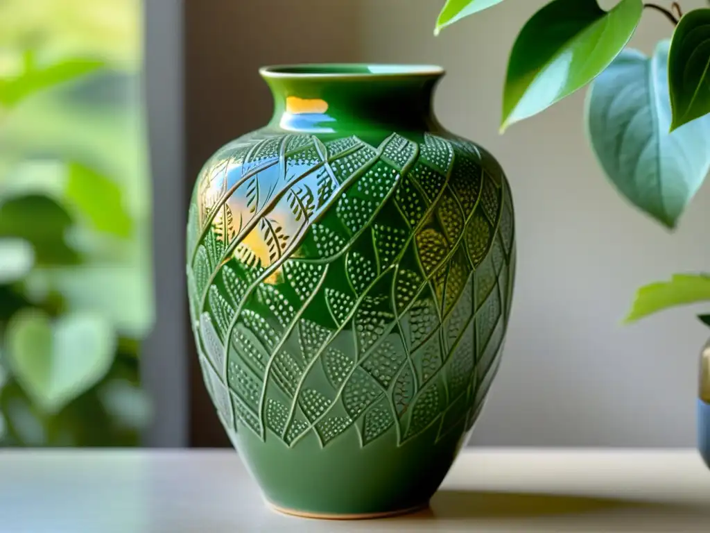 Vaso de cerámica con diseño de hojas verdes en relieve, exuda elegancia atemporal y artesanía avanzada