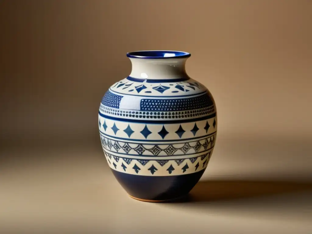 Vaso de cerámica reciclada con diseños delicados y tonos terrosos, fusionando artesanía tradicional y tecnología digital