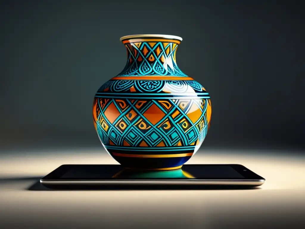 Vaso de cerámica tradicional sobre tablet digital, fusionando lo artesanal con lo moderno