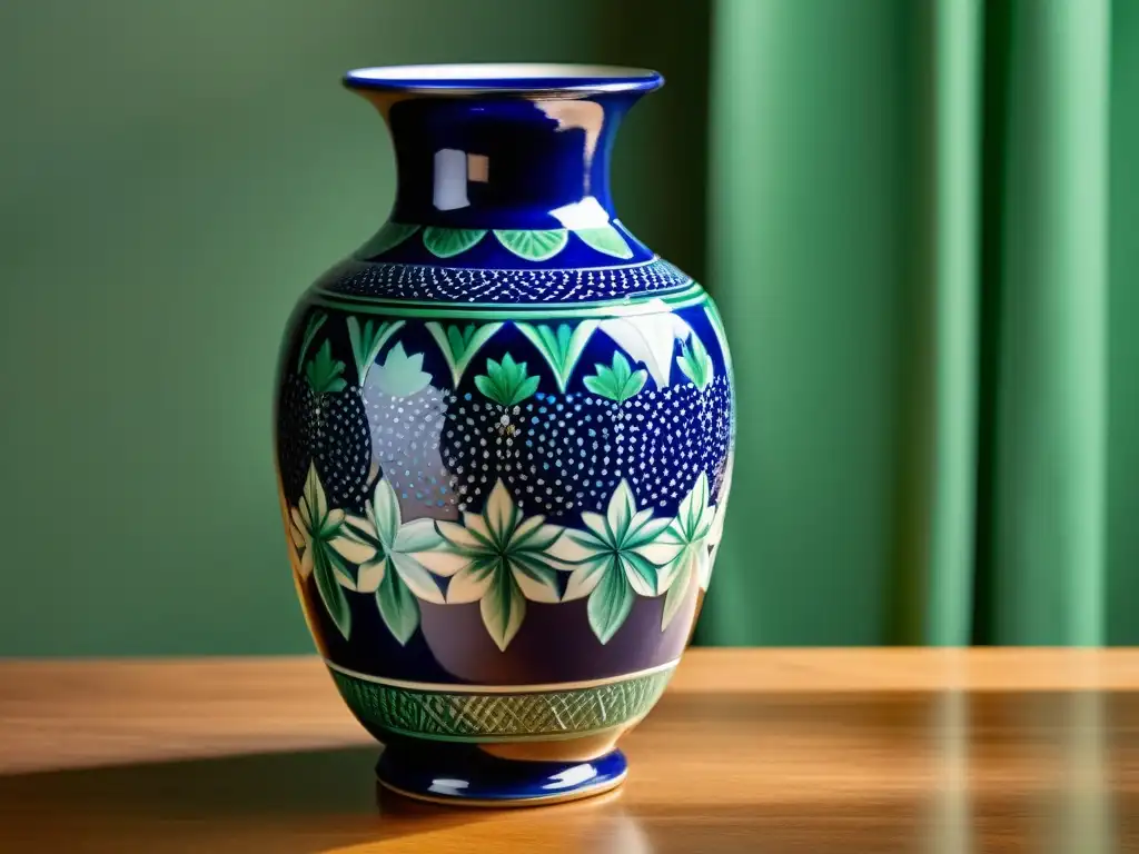 Vaso cerámico vintage con patrones florales en azul y verde, modelando futuro cerámica era digital