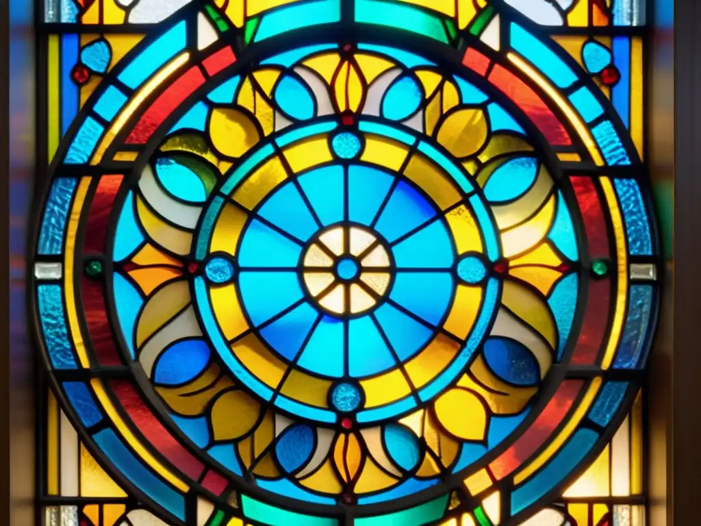 Ventana de vitral artesanal con intrincados patrones y colores vibrantes, proyectando un caleidoscopio de luz y arte