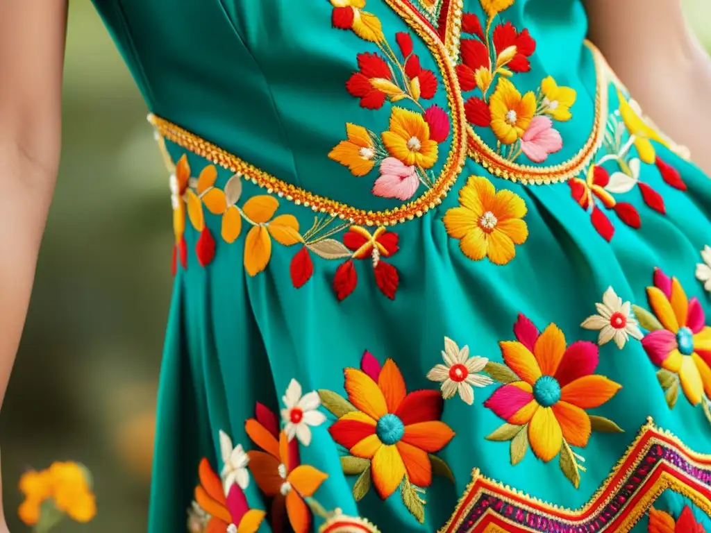 Un vestido vintage bordado a mano con hilos vibrantes y detalles metálicos, evocando elegancia atemporal y la artesanía de la moda