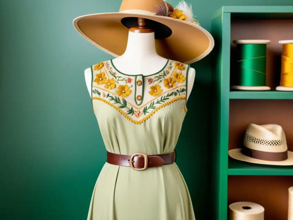 Vestuario artesanal para marca de moda: Vestido vintage bordado con detalles en tonos tierra, sombrero de ala ancha y máquina de coser vintage