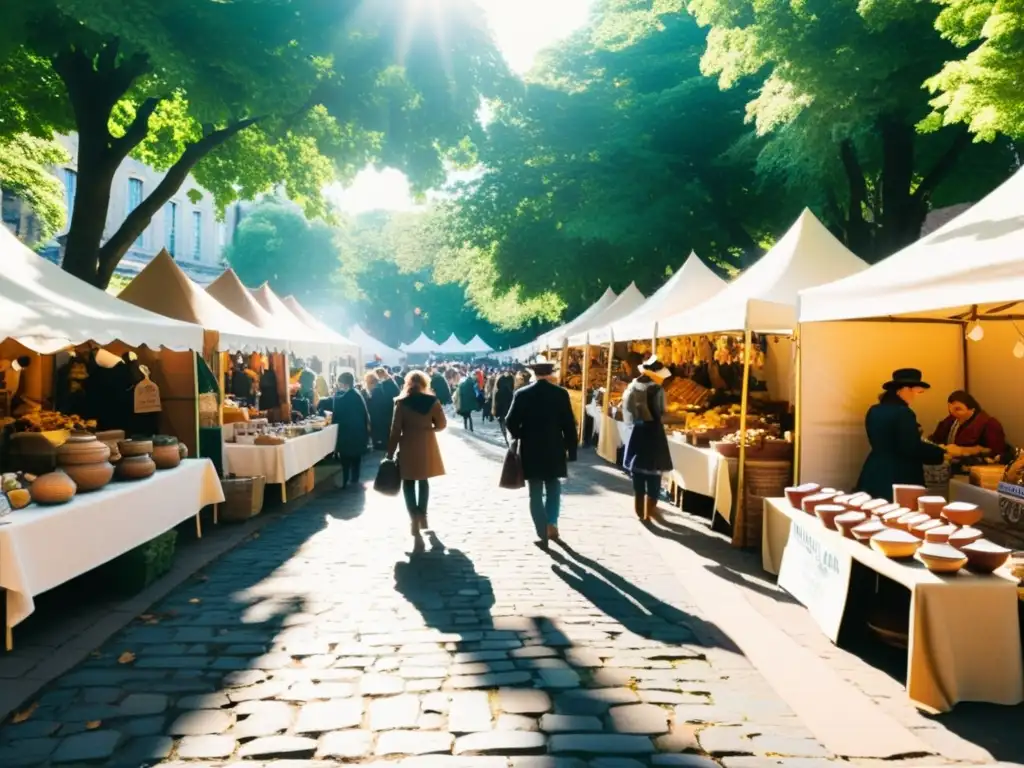 Vibrante feria artesanal con coloridos puestos en la calle empedrada