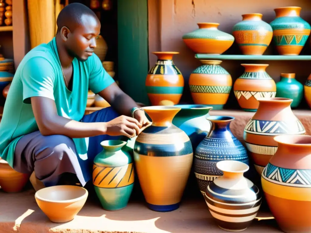 Mercado africano: Alfarería artesanal en colores vibrantes Vibrante mercado africano con cerámica artesanal única, reflejando la cultura visual de la cerámica africana en un escenario contemporáneo