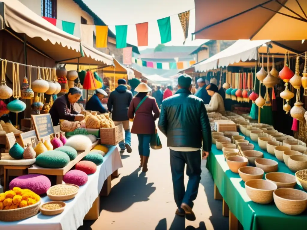 Vibrante mercado artesanal con coloridas creaciones en puestos tradicionales