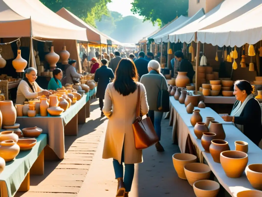 Un vibrante mercado artesanal con productos únicos bañados en luz dorada, reflejando estrategias de marketing digital para artesanos