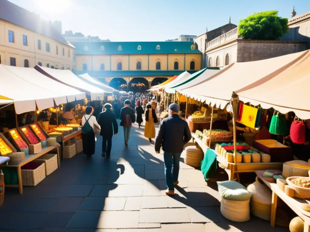 Vibrante mercado artesanal con puestos de madera clásicos y productos tradicionales, bañado por la cálida luz del sol, en un ambiente cultural y acogedor