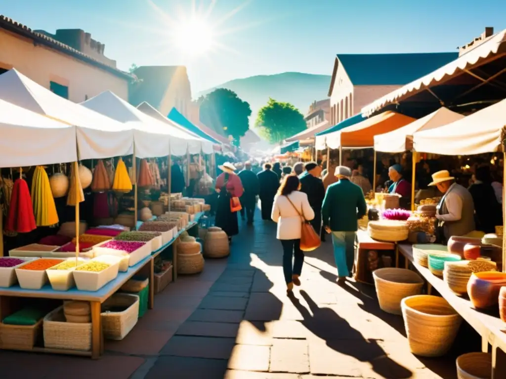 Un vibrante mercado artesanal con tendencias mercado artesanía digital, lleno de colores, tejidos intrincados y artesanías únicas