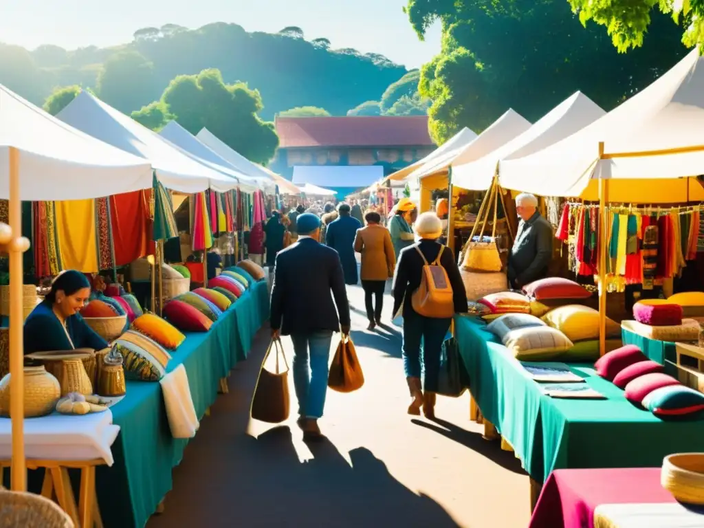 Vibrante mercado artesanal con textiles y artesanías hechas a mano, reflejando la preservación del turismo artesanal y su difusión en redes sociales