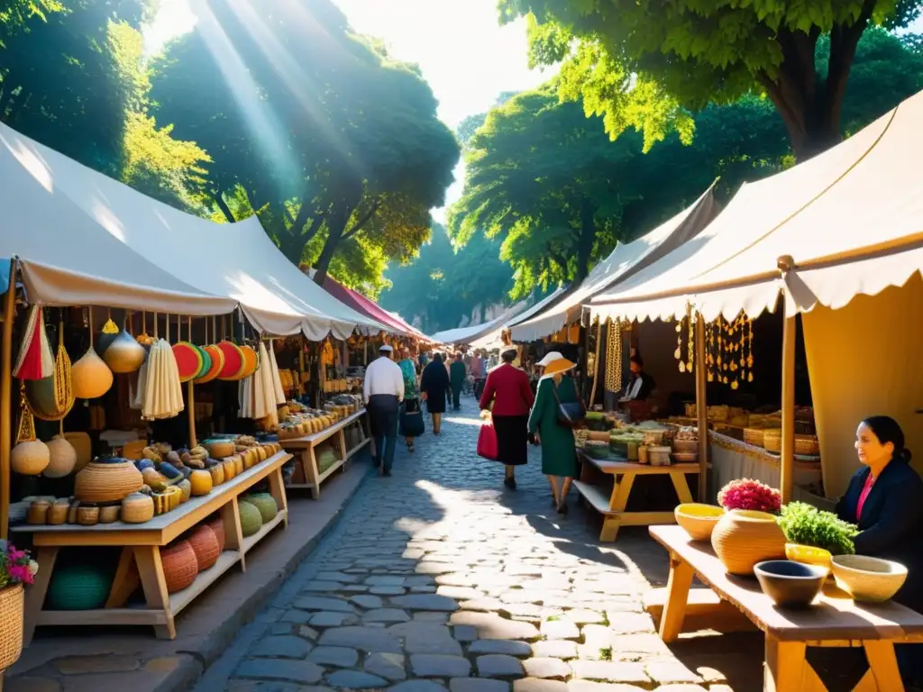 Vibrante mercado de artesanías con textiles, cerámica y joyería única en venta en línea