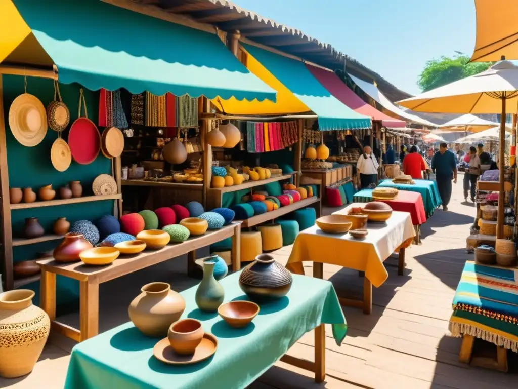 Vibrante mercado de artesanías tradicionales en venta online, con textiles y cerámica hechos a mano en mesas de madera vintage