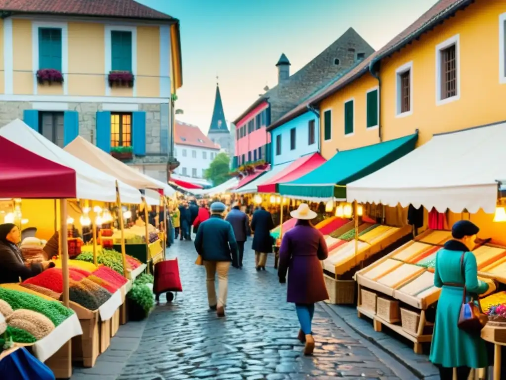 Vibrante mercado callejero con artesanía local, edificios históricos y calles empedradas