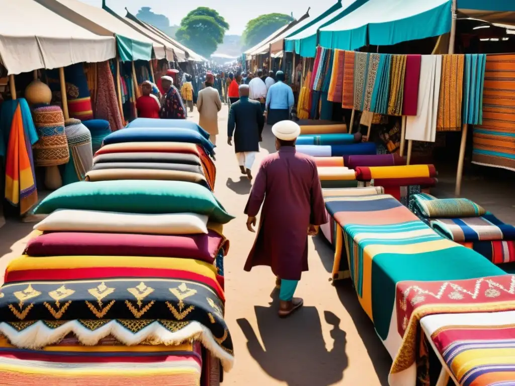 Vibrante mercado con textiles tradicionales y artesanos exhibiendo diseños