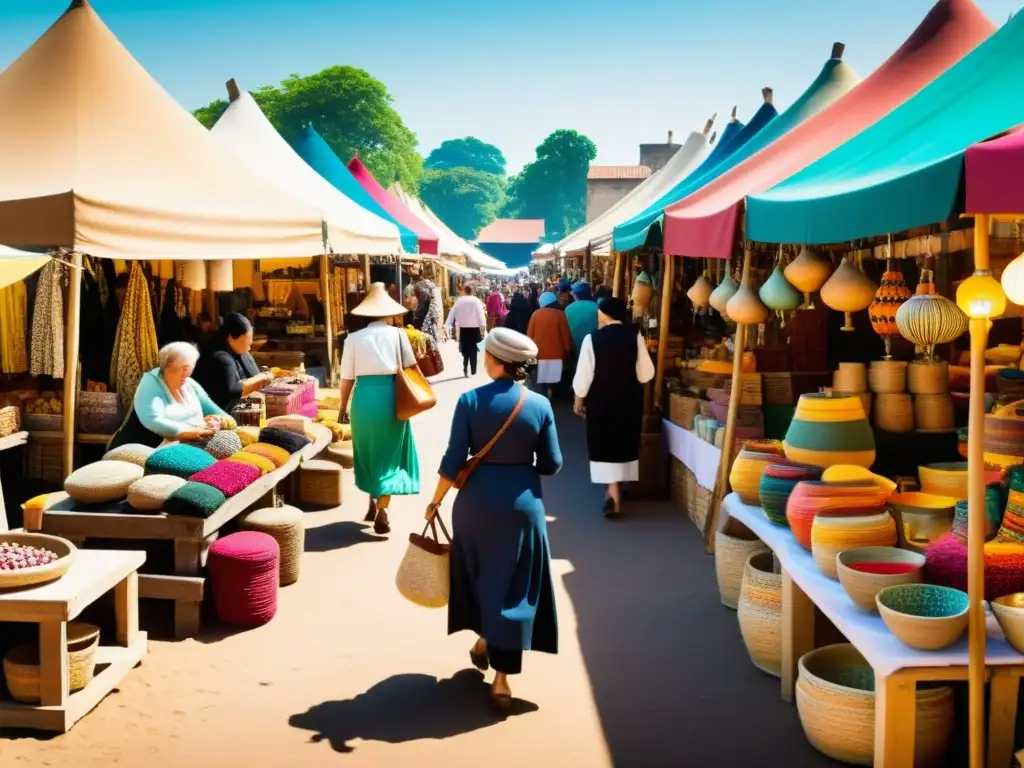 Vibrante mercado tradicional con artesanías regionales, clientes y cálida iluminación