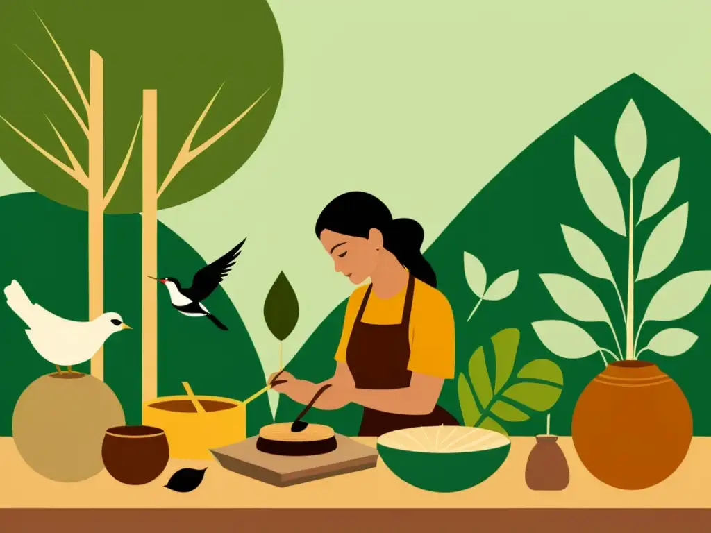 Un ilustración vintage de un artesano tradicional creando con materiales ecológicos en armonía con la naturaleza