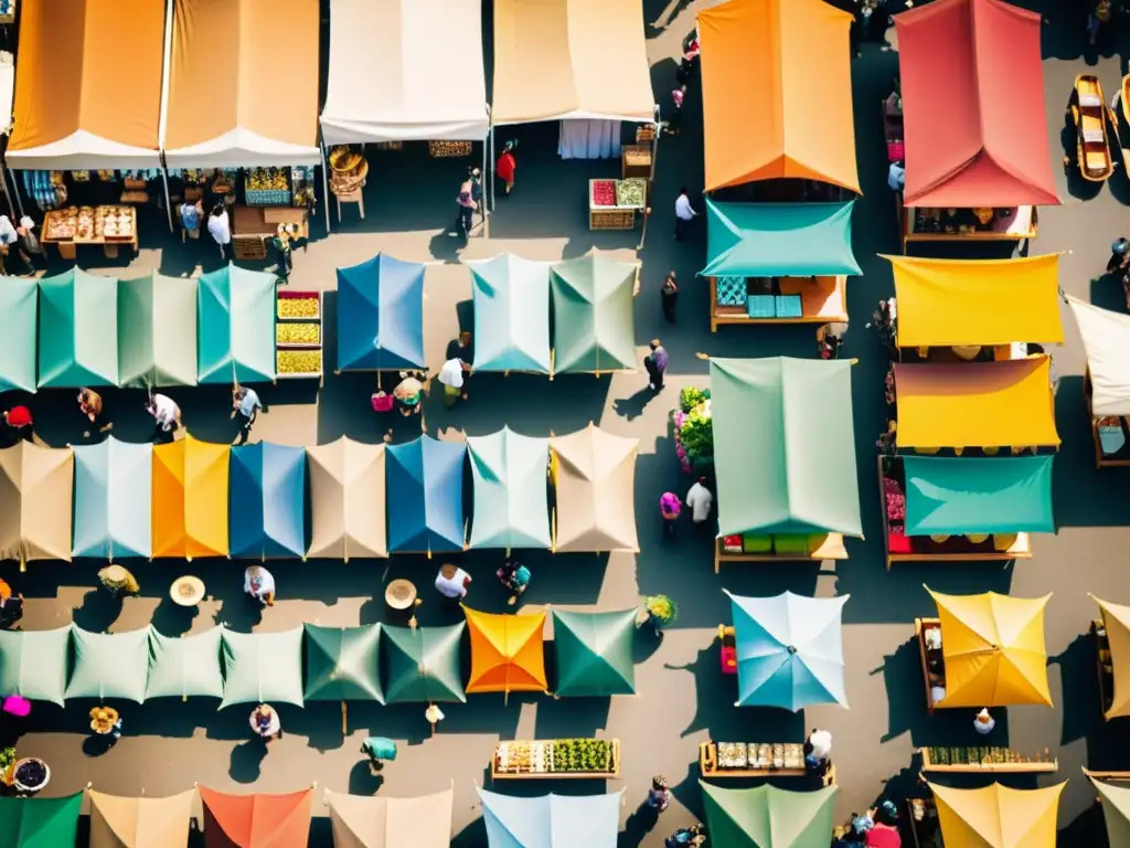 Vista aérea de un bullicioso mercado artesanal con puestos coloridos y productos tradicionales en exhibición