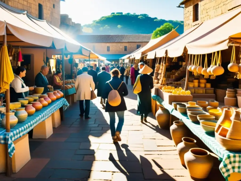 Vista de mercado artesanal con coloridas artesanías en puestos tradicionales, evocando la artesanía tradicional en era digital