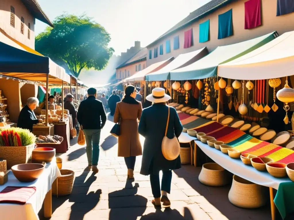 Vista de mercado artesanal, con tejidos y cerámica