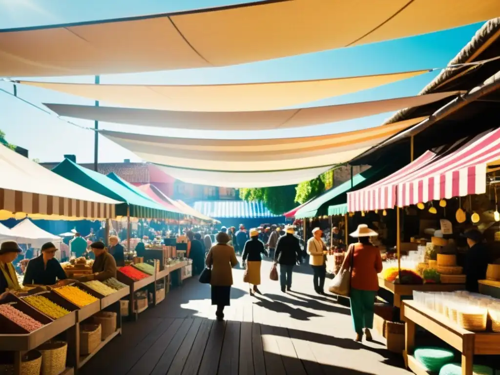 Vista nostálgica de un bullicioso mercado de artesanía tradicional con colores vibrantes y ambiente acogedor bajo carpas rayadas