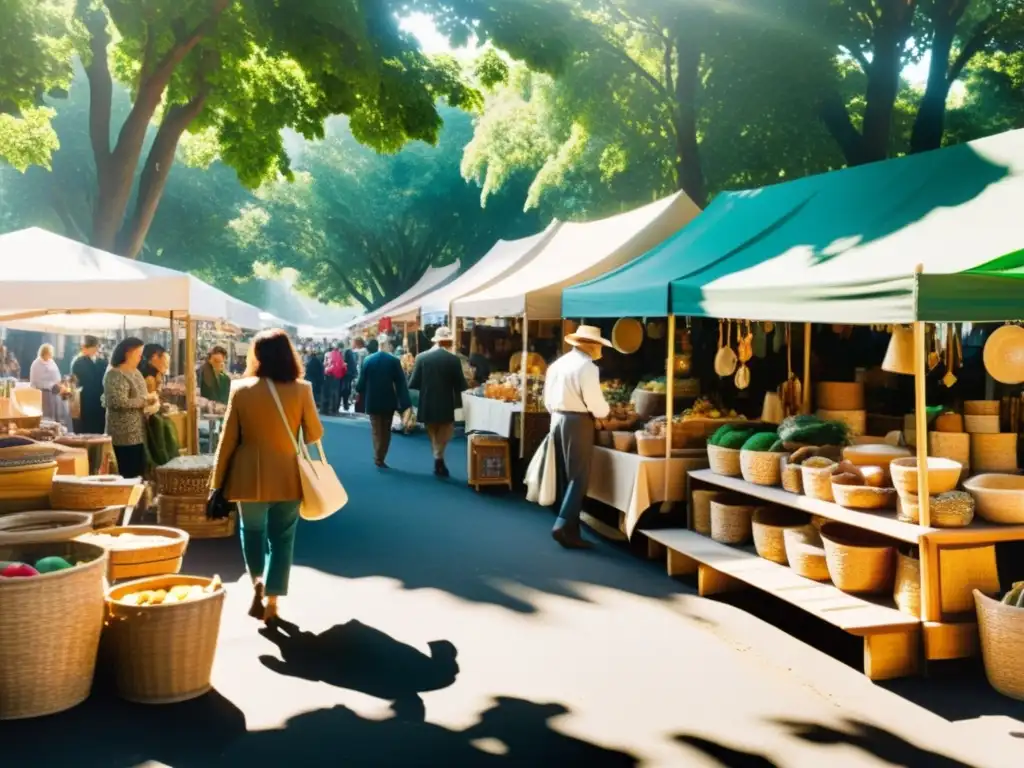 Vista panorámica de un bullicioso mercado de artesanos, con productos hechos a mano y colores vibrantes