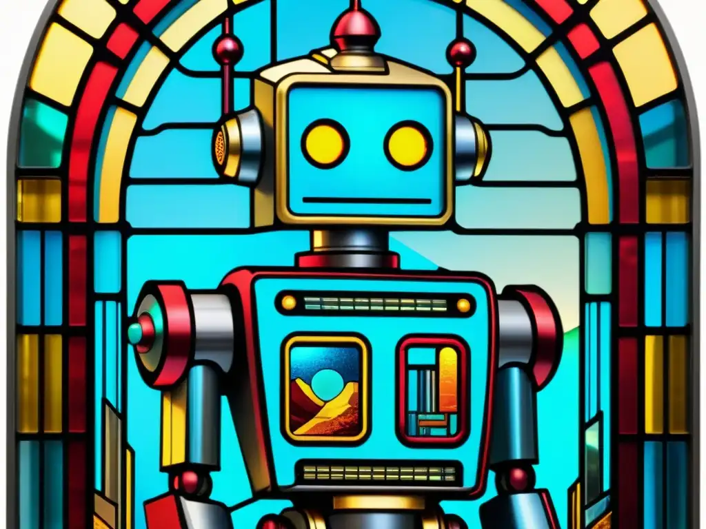 Vitral vintage con robot en paisaje futurista, reflejos vibrantes y tecnología en el arte del vitral